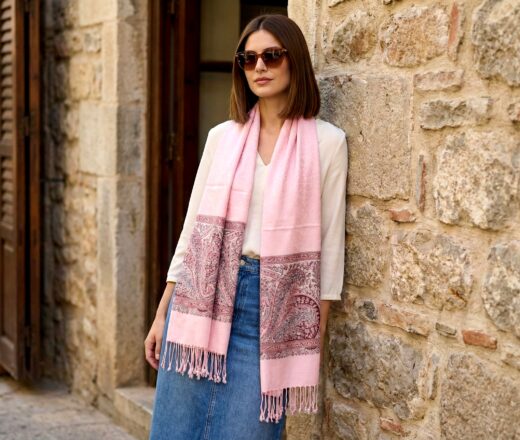 pashimina indiana luxuosa rosa claro adamascada Pashimina indiana estampada de viscose com faixas estampadas paisley rosa
