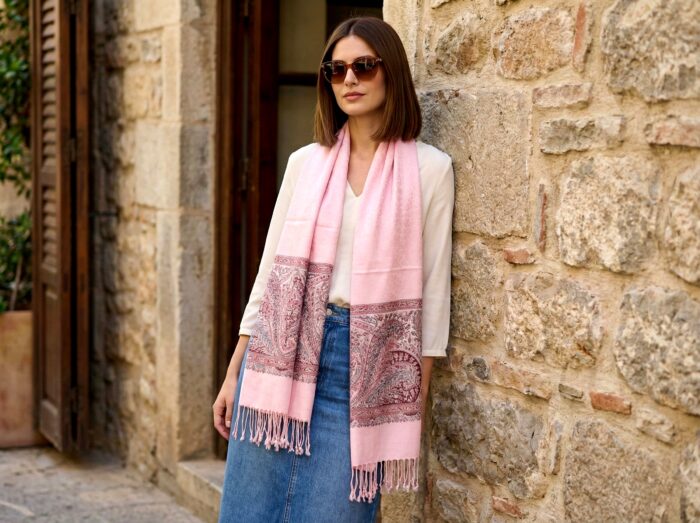 pashimina indiana luxuosa rosa claro adamascada Pashimina indiana estampada de viscose com faixas estampadas paisley rosa