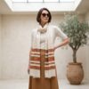 Pashmina indiana de Cashmere original creme adamascada com estampa na barra etnica