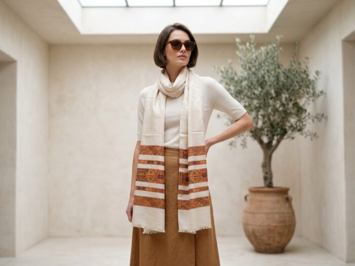Pashmina indiana de Cashmere original creme adamascada com estampa na barra etnica