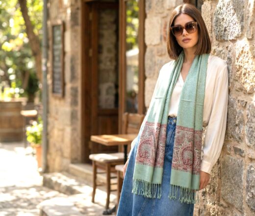 pashmina indiana adamascada floral luxo verde clara Pashimina indiana estampada de viscose com faixas estampadas paisley verde