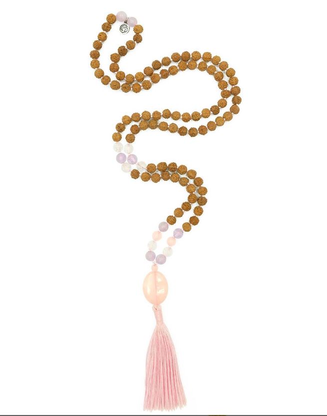 Japamala de Rudraksha verdadeira de 5 mm (raras) com mix de pedras Quartzo Rosa, Ametista e Quartzo Cristal