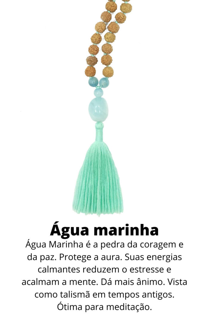 Japamala de Rudrakshas de Bali com pedra Água Marinha
