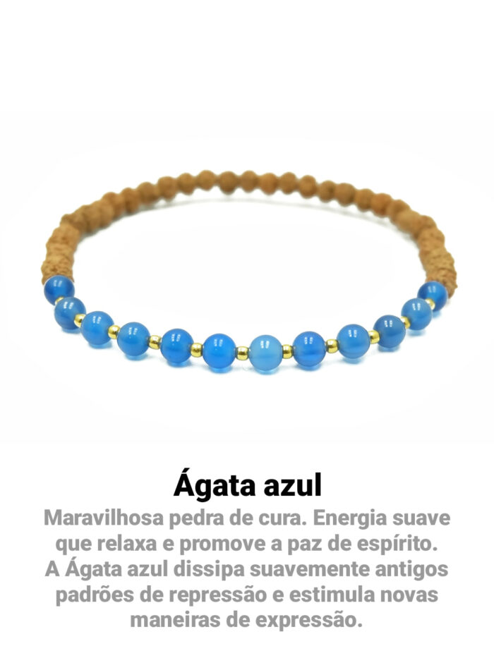 Pulseira de Rudraksha verdadeira, tamanho 4mm, com pedras de Ágata azul. Peça feita artesanalmente, com ritual de purificação.