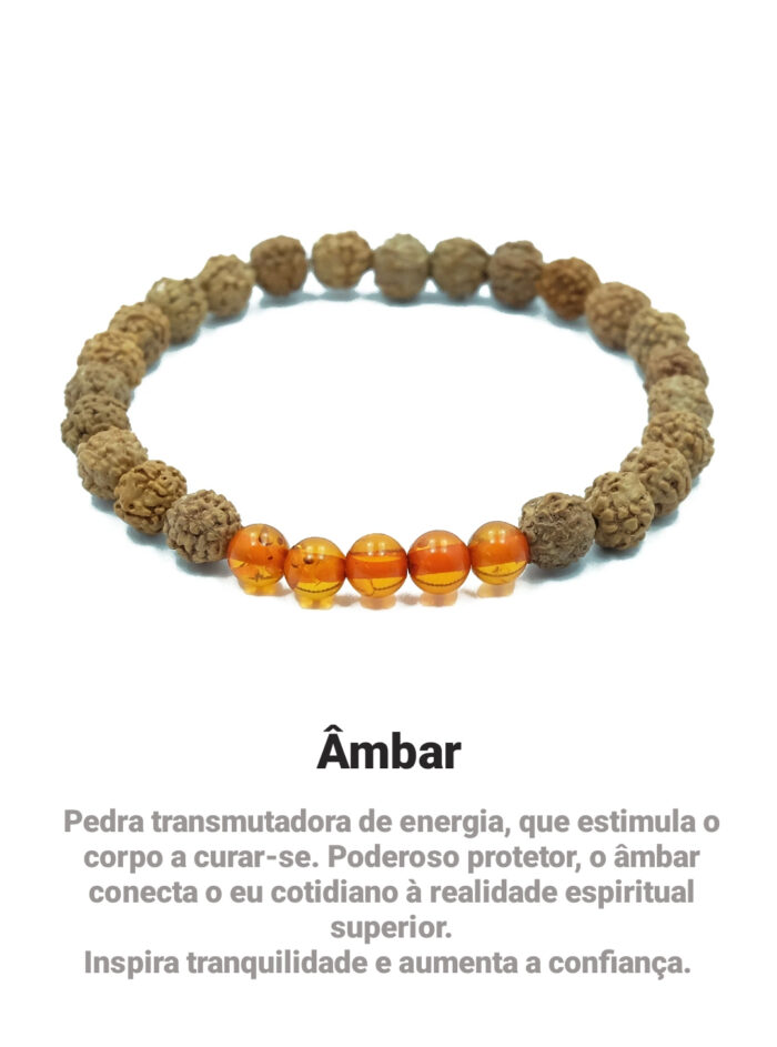 Pulseira de Rudraksha verdadeira, tamanho 7mm, com pedras de Ambar. Peça feita artesanalmente, com ritual de purificação. Tamanho P