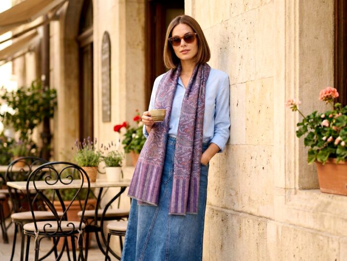 pashimina de cashmere roxo e coloridos luxuosa pashmina indiana original de Cashmere roxo e coloridos com listras na base