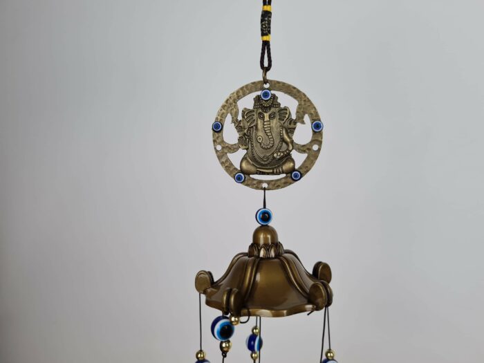 Sino dos ventos de metal com imagem de Ganesha e pedras de Olho Grego 55cm