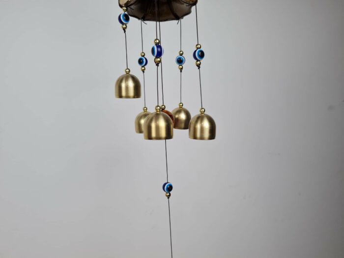 Sino dos ventos de metal com imagem de Ganesha e pedras de Olho Grego 55cm