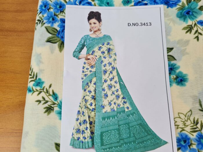 Sari indiano viscose com estampa floral bege e azul