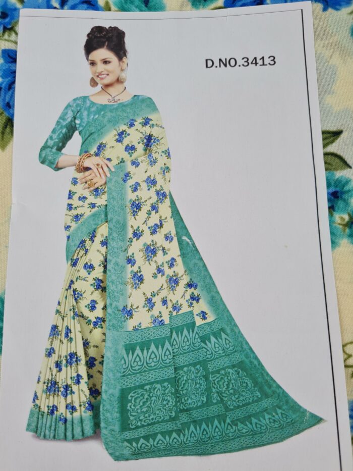 Sari indiano viscose com estampa floral bege e azul