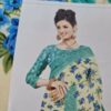 Sari indiano viscose com estampa floral bege e azul