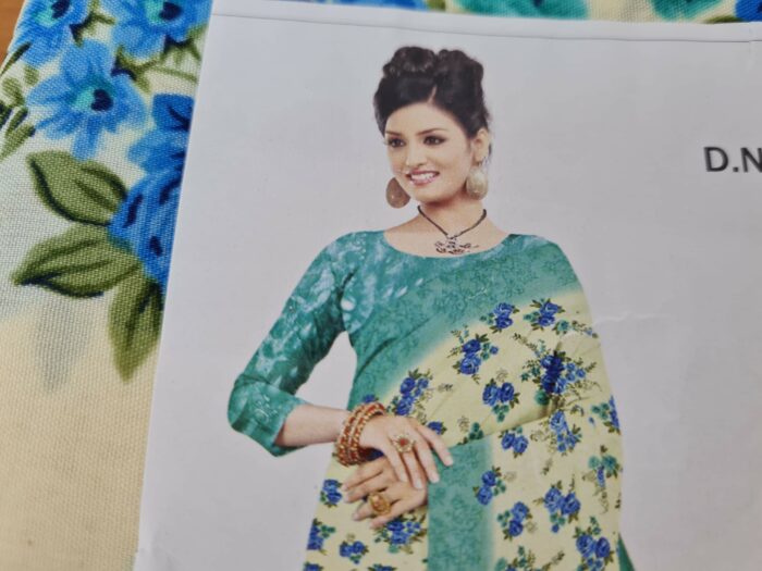 Sari indiano viscose com estampa floral bege e azul