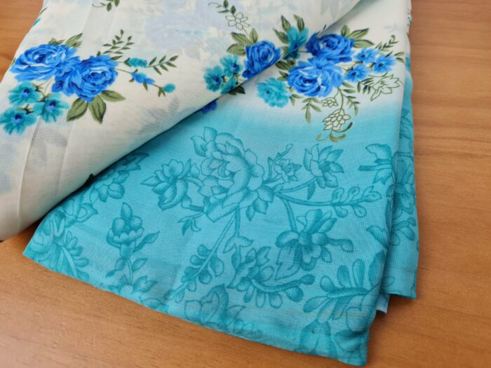 Sari indiano viscose com estampa floral bege e azul