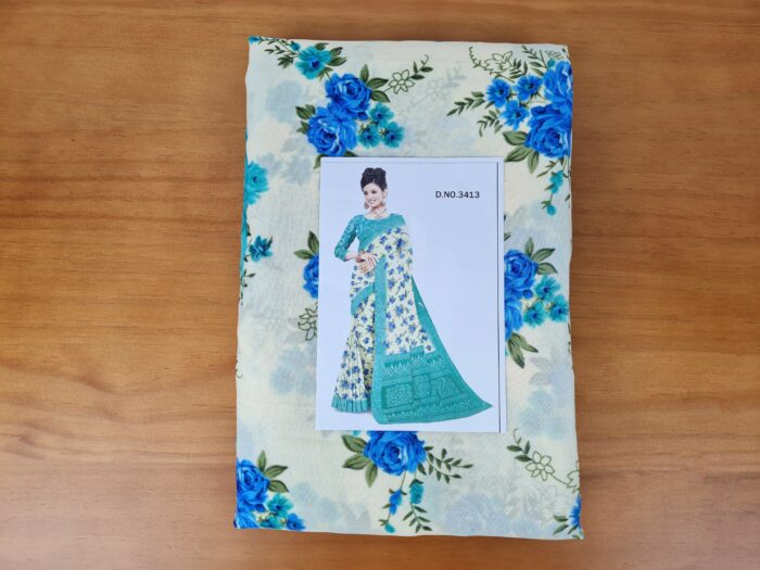 Sari indiano viscose com estampa floral bege e azul