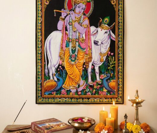 krishna-pano-tecido-decorativo-110cm Painel grande de tecido com imagem clássica de Krishna