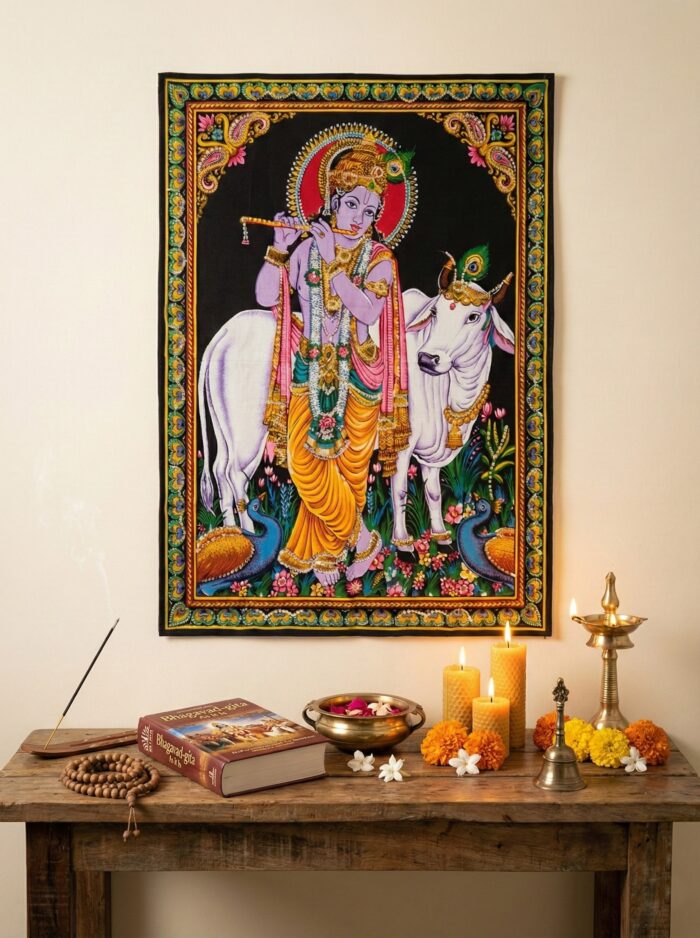 krishna-pano-tecido-decorativo-110cm Painel grande de tecido com imagem clássica de Krishna