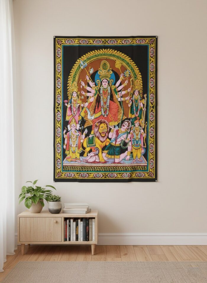 pano-durga-decorativo-110cm Painel grande clássico de deidade hindu Durga e Devis