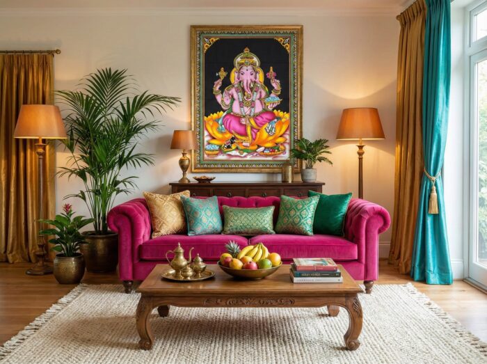 pano-ganesha-sala-estar Painel de tecido com imagem clássica de Ganesha na Flor de Lótus