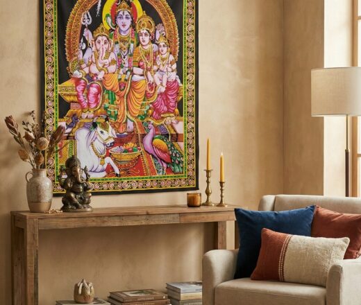 pano-shiva-familia-india Painel grande clássico de deidade hindu - Shiva e sua família