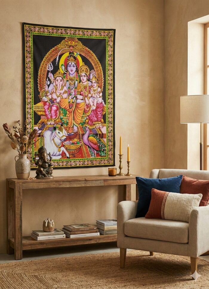 pano-shiva-familia-india Painel grande clássico de deidade hindu - Shiva e sua família