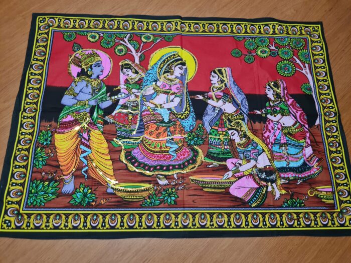 Painel grande clássico de deidade hindu Radha e Krishna com Gopis