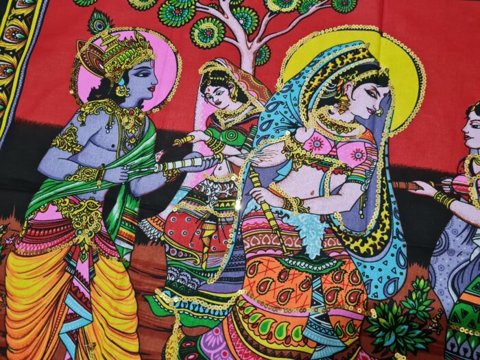 Painel grande clássico de deidade hindu Radha e Krishna com Gopis