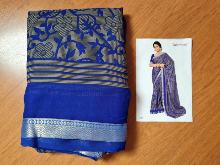 Sari indiano viscose com estampa floral azul royal