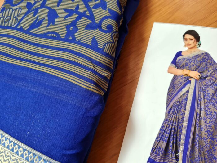 Sari indiano viscose com estampa floral azul royal