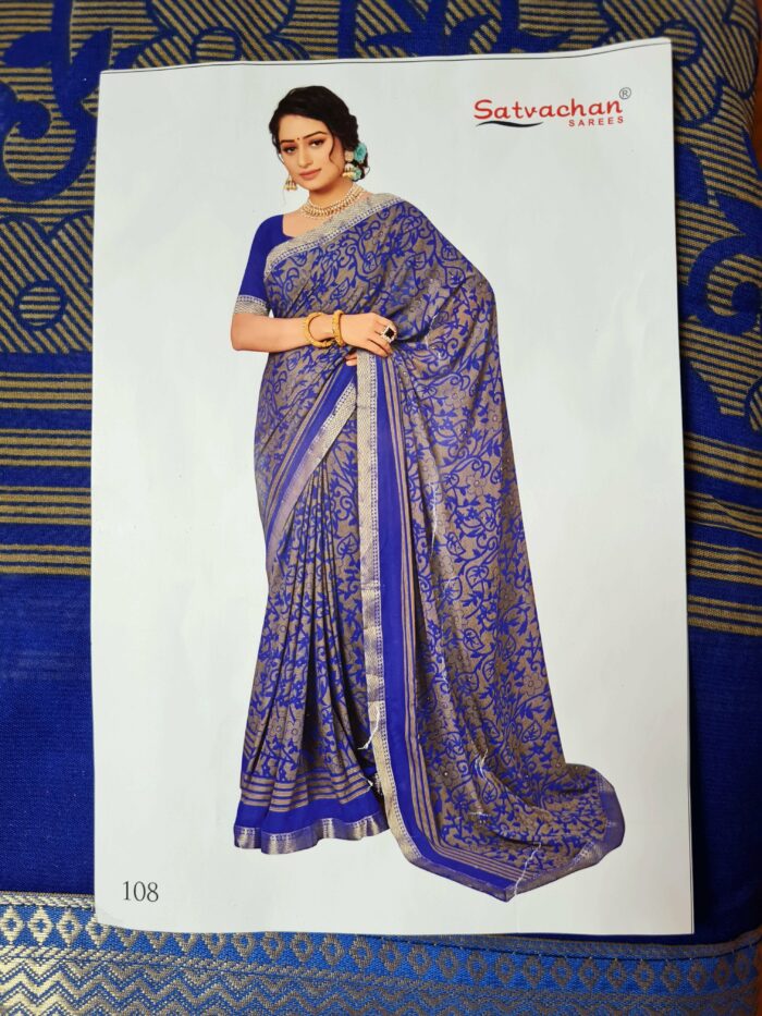 Sari indiano viscose com estampa floral azul royal