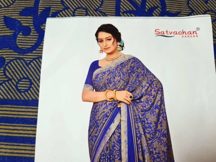 Sari indiano viscose com estampa floral azul royal