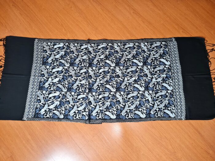 Xale de Cashmere Pashmina 100% bordado com fios de seda preto e cinza