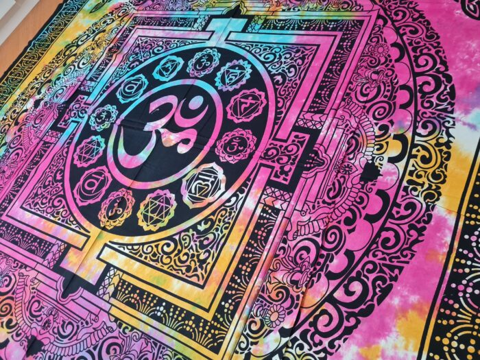 Panô indiano de algodão estampa Yantra e OM tie dye 2,40m