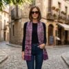lenço indiano de cashmere com estampa de elefantes casual e elegante roxo com preto Pashimina indiana estampa de elefantes roxo e bege