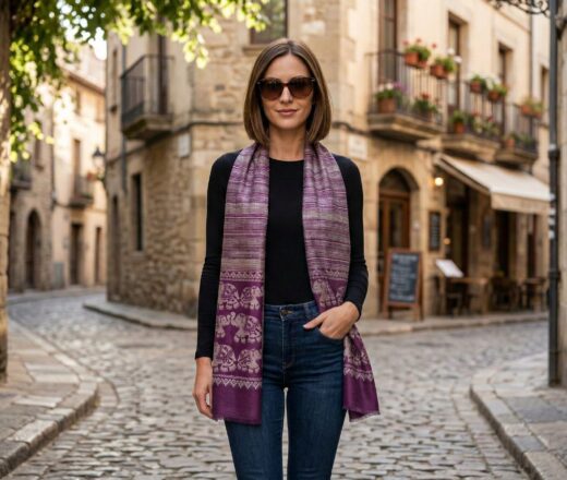 lenço indiano de cashmere com estampa de elefantes casual e elegante roxo com preto Pashimina indiana estampa de elefantes roxo e bege