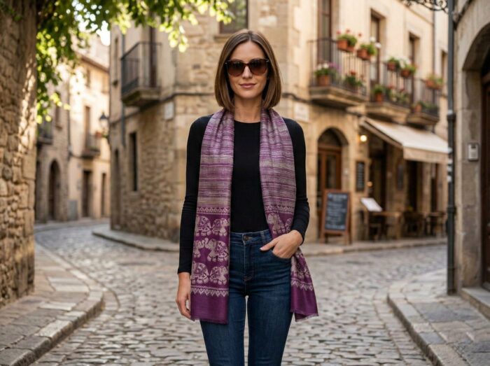 lenço indiano de cashmere com estampa de elefantes casual e elegante roxo com preto Pashimina indiana estampa de elefantes roxo e bege