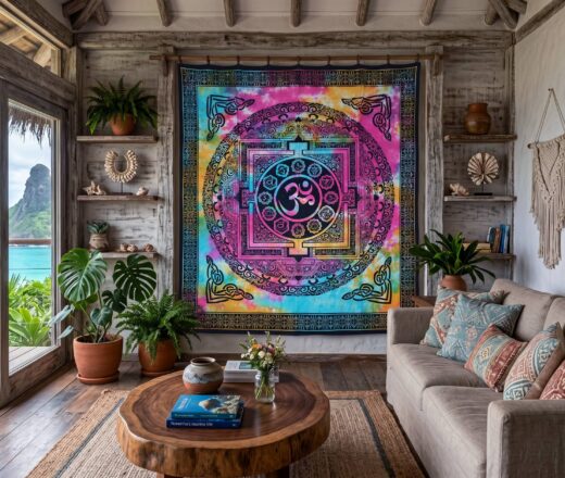 Panô indiano de algodão estampa Yantra e OM tie dye 2,40m