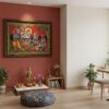 Painel grande clássico de deidade hindu Radha e Krishna com Gopis