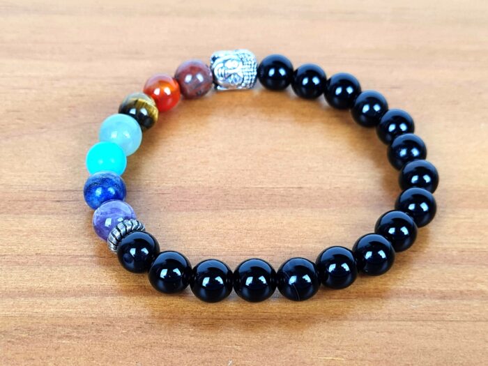 20240703_141500 Pulseira indiana 7 chakras Ágata preta com pedras naturais e berloque de Buda