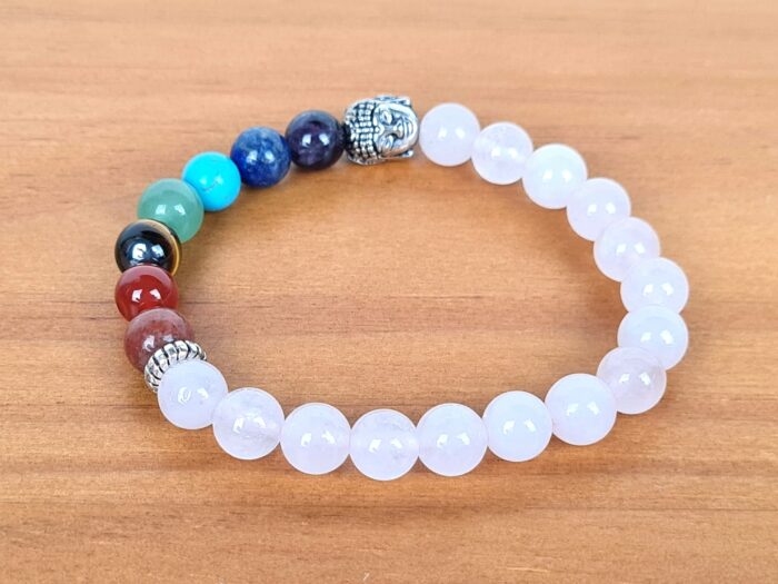 20240703_141613 Pulseira indiana 7 chakras Quartzo rosa com pedras naturais e berloque de Buda
