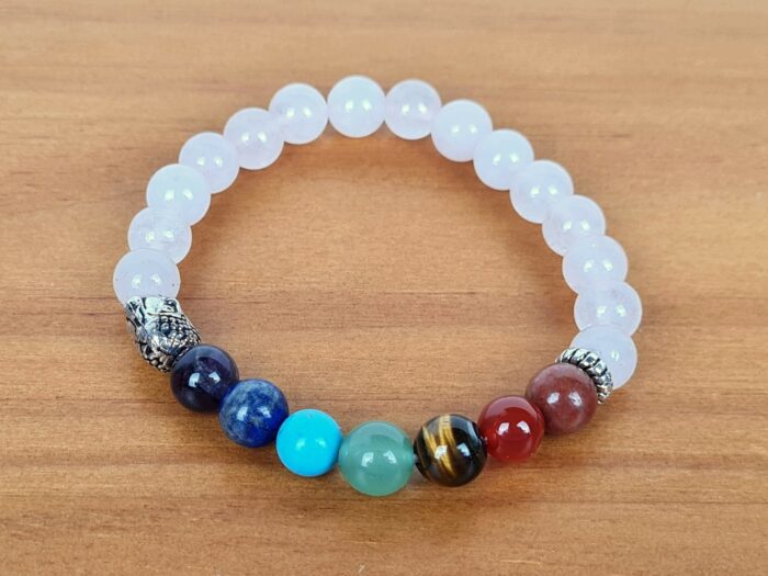 20240703_141620 Pulseira indiana 7 chakras Quartzo rosa com pedras naturais e berloque de Buda