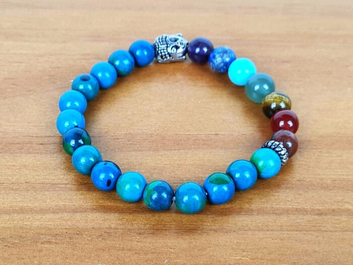 20240703_141809 Pulseira indiana 7 chakras Crisocola com pedras naturais e berloque de Buda