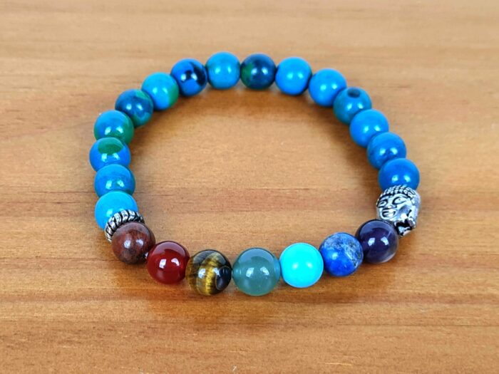 20240703_141813 Pulseira indiana 7 chakras Crisocola com pedras naturais e berloque de Buda