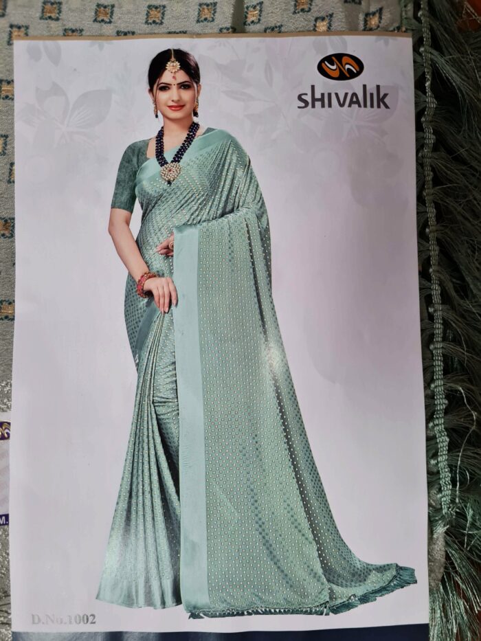 Sari indiano de seda mista estampa de mini losangos verde e dourado