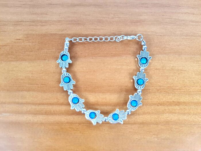 pulseira Hamsa prateada e azul