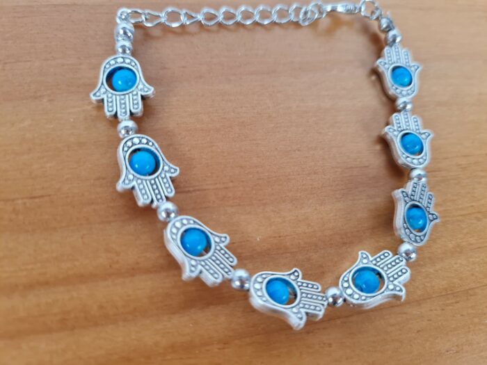 Pulseira de prata alemã de Hamsa com berloques azuis