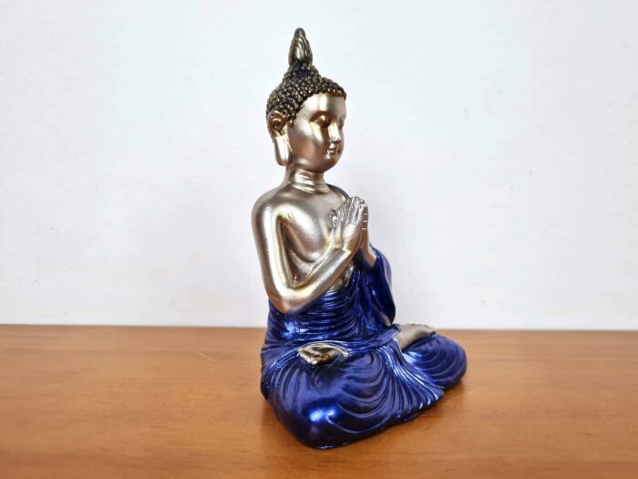 Estátua mini de Buda dourado e azul em lótus 12cm