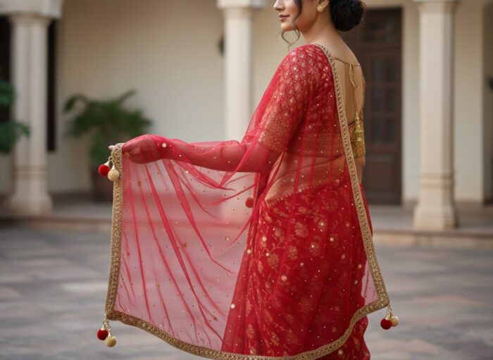 Dupatta vermelha e dourada de noiva com bordados pompons e barrado luxuoso