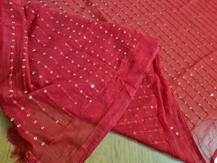 20241126_162928 Dupatta vermelha com fios bordados de lantejoulas
