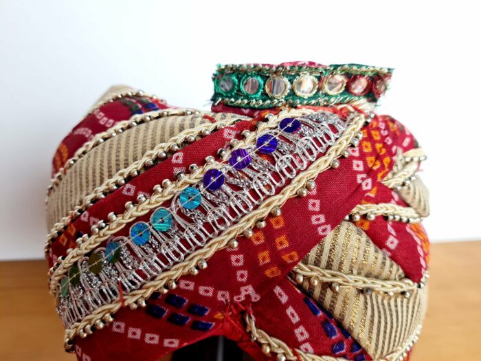 Turbante indiano masculino pronto para uso vermelho com estampa