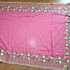 Sari indiano de seda luxuoso bordado rosa médio com verde floral